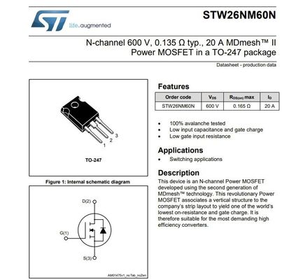 قناة ن 600 فولت، 0.065 Ω عادة، 40A MOSFET الطاقة في حزمة TO-247 STW48N60DM2 ترانزستور تأثير المجال